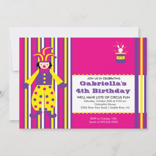 CUTE Circus Clown Birthday Party Invitation