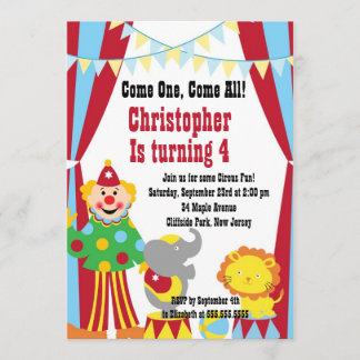 Cute Circus Clown Birthday Party Invitations