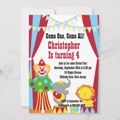 Cute Circus Clown Birthday Party Invitations