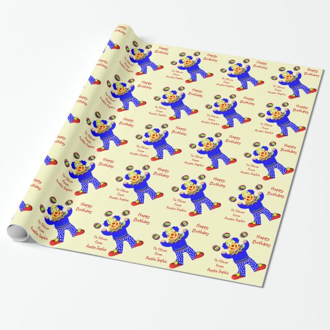Cute Circus Clown Personalized Gift Wrapping Paper (Unrolled)