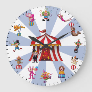 Cute Circus Clowns & Animals Themed Large Clock
