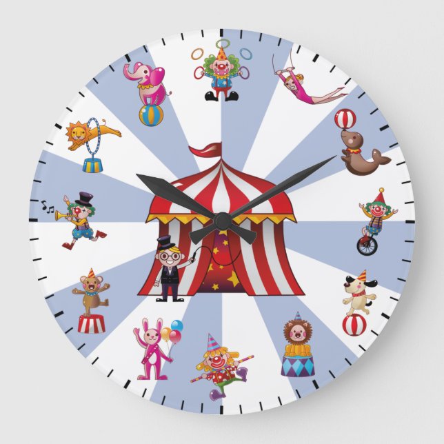 Cute Circus Clowns & Animals Themed Large Clock (Front)