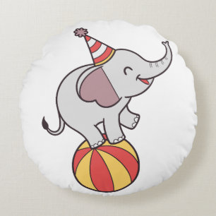 Cute Circus Elephant on Ball – Birthday Party Illu Round Pillow