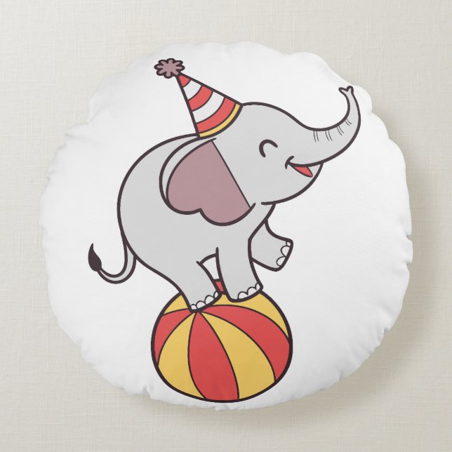 Cute Circus Elephant on Ball – Birthday Party Illu Round Pillow (Front)