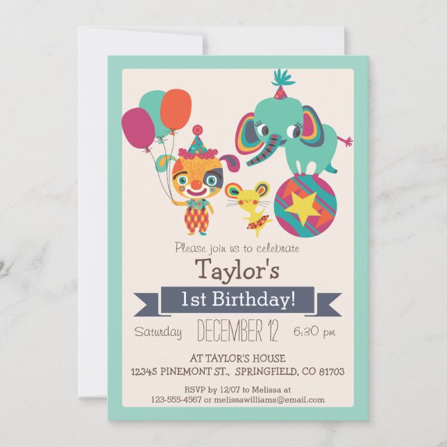 Cute Circus Elephant, Puppy Kid's Birthday Party Invitation (Front)