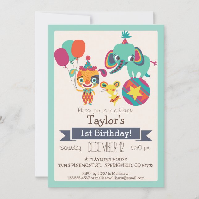 Cute Circus Elephant, Puppy Kid's Birthday Party Invitation (Front)