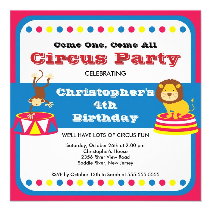 CUTE Circus Kids Birthday Party Invitation