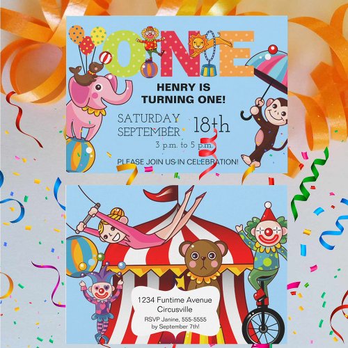 Cute Circus ONE First Birthday Invitation