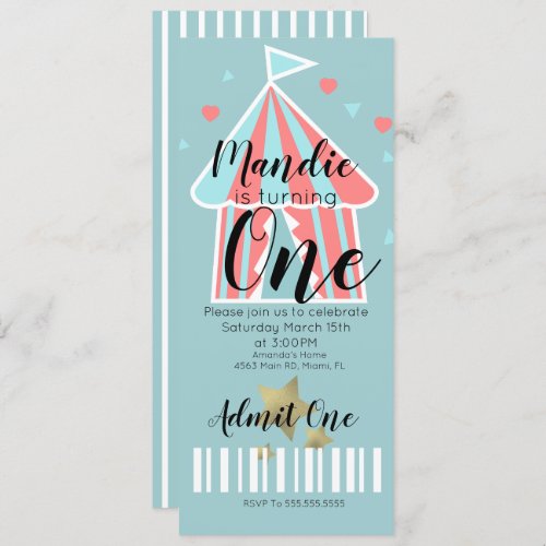 Cute Circus Tent First Birthday  Ticket Invitation