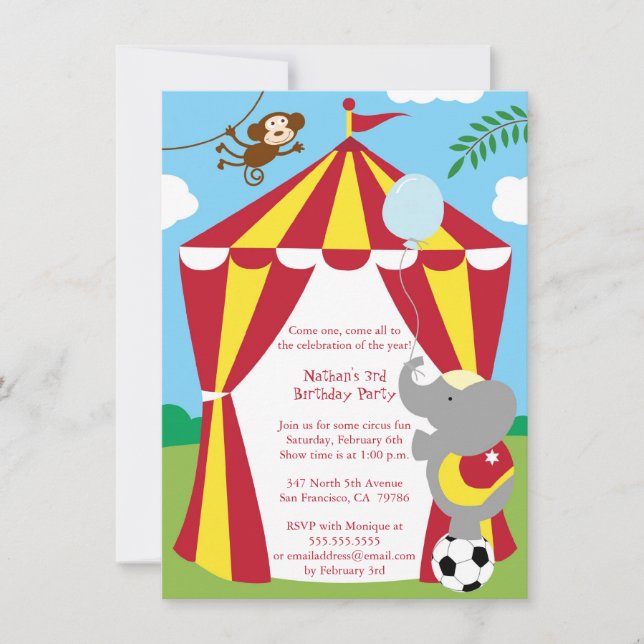 Cute circus theme boy / girl birthday party invite (Front)