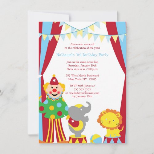 Cute circus theme boy / girl birthday party invite