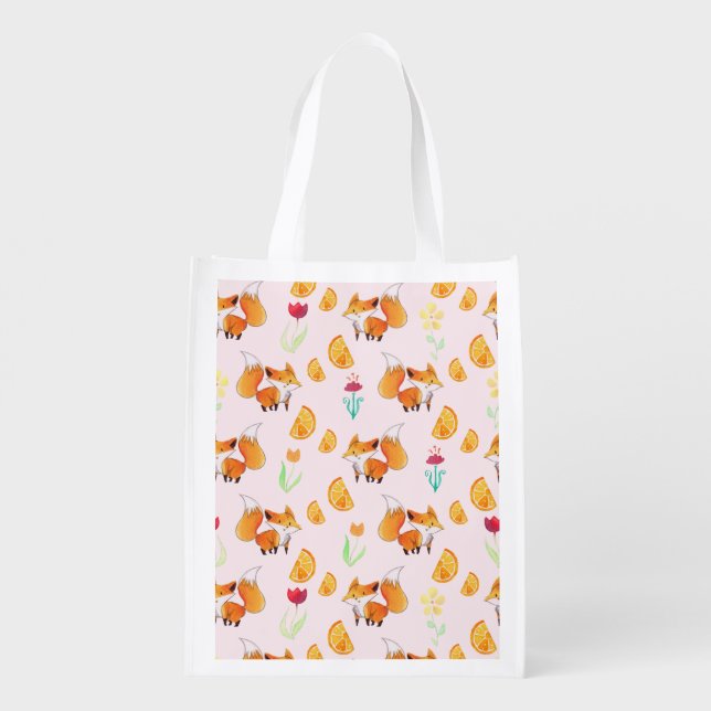 Cute Citrus Fox Pattern Grocery Bag (Back)
