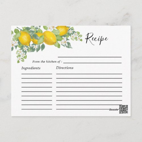 Cute Citrus Lemon Themed Bridal Shower Recipe Card