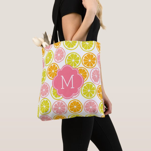 Cute Citrus Pattern Monogrammed Tote Bag (Close Up)