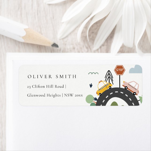 Cute City Urban Vehicle Cars Road Kids Address Label (Insitu)