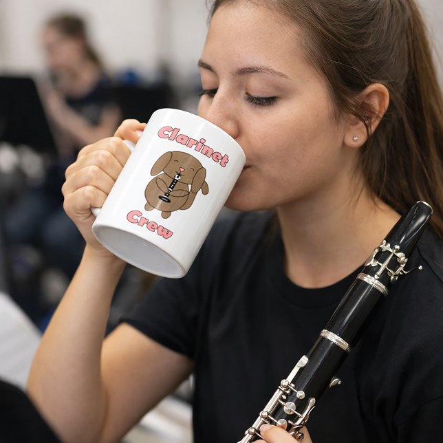 Cute Clarinet Crew Brown Puppy Dog Coffee Mug (A mug with a cute dog playing the saxophone and the text clarinet crew.)