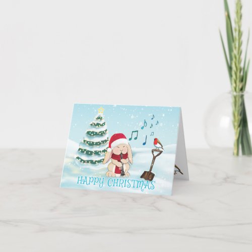 Cute Clarinet Player Bunny Rabbit with Robin Holiday Card