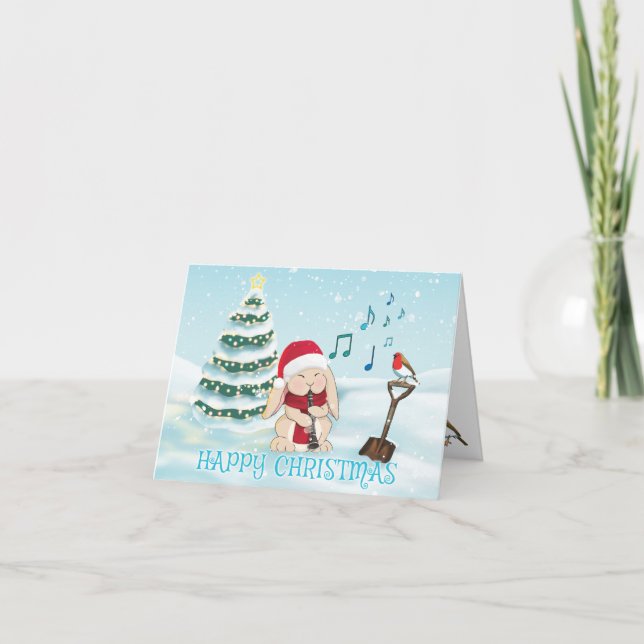 Cute Clarinet Player Bunny Rabbit with Robin Holiday Card (Front)