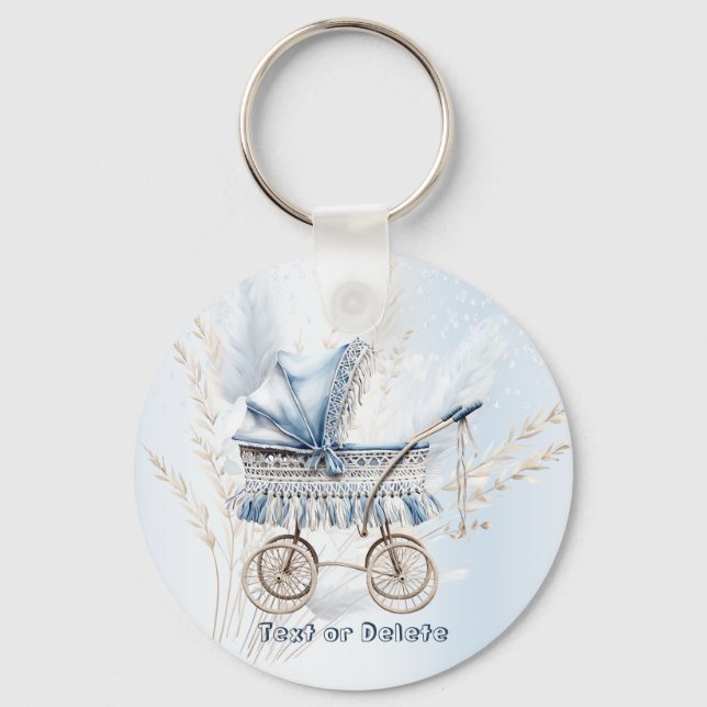 Cute Classic Baby Stroller Blue Floral Beautiful Keychain (Front)