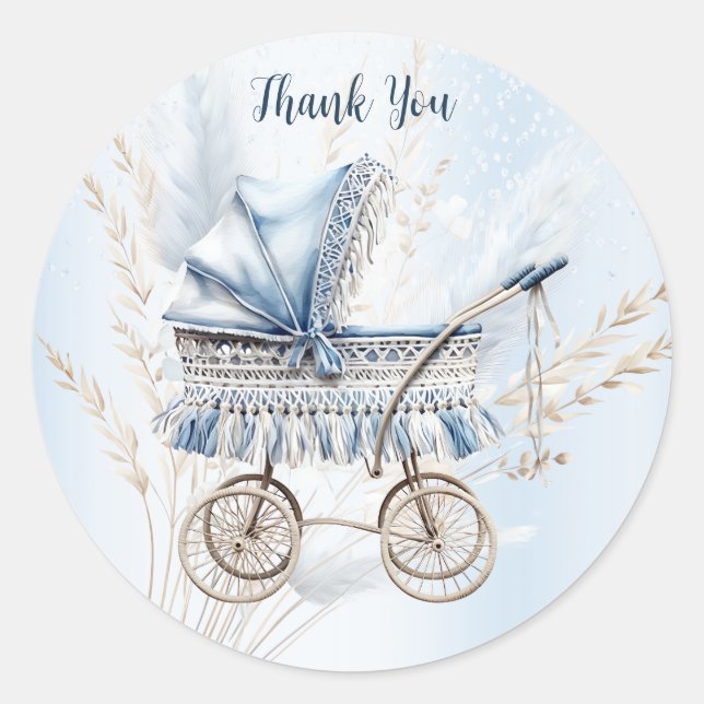 Cute Classic Baby Stroller Blue Floral Beautiful Round Sticker (Front)