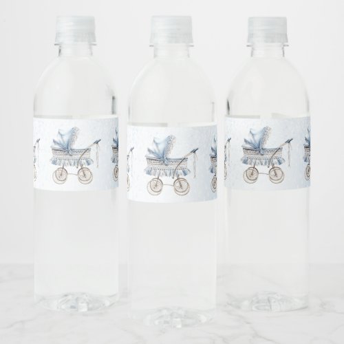 Cute Classic Baby Stroller Blue Floral Party Water Bottle Label