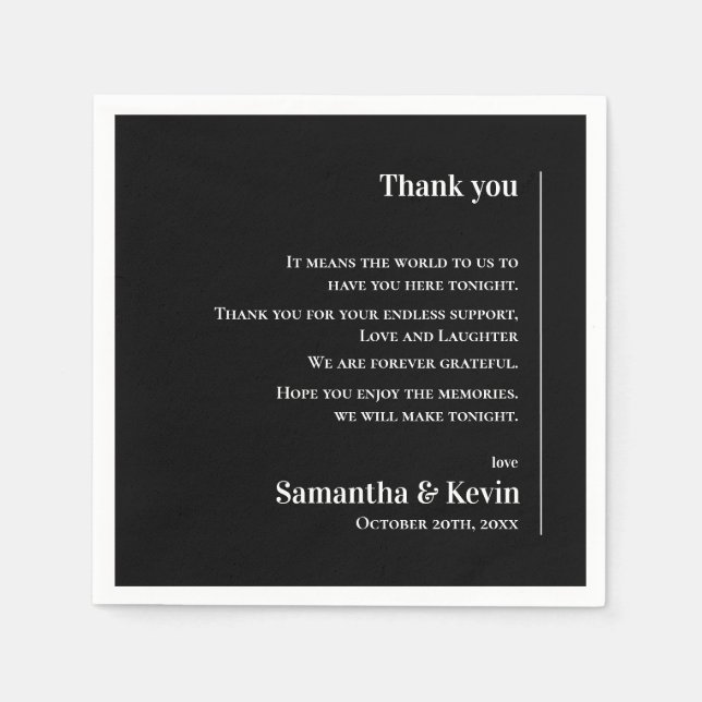 Cute Classic Black White Wedding Thank you Message Napkins (Front)