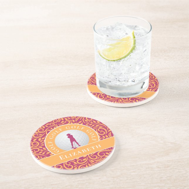 Cute Classic Golfer Silhouette Name Pink Orange Coaster (Side)