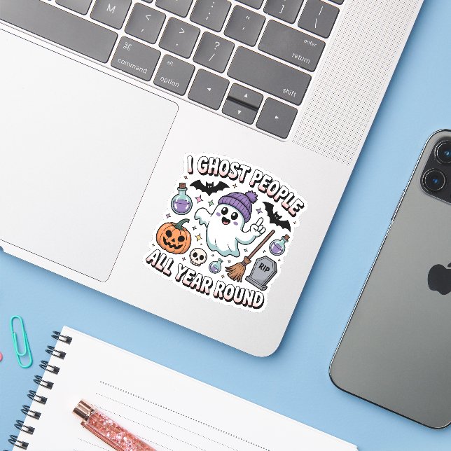 Cute Classic Halloween Funny Ghost Quote Die-Cut Sticker (Laptop w/ iPhone)