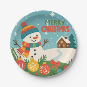 Cute, classic Merry Christmas snowman Paper Plates
