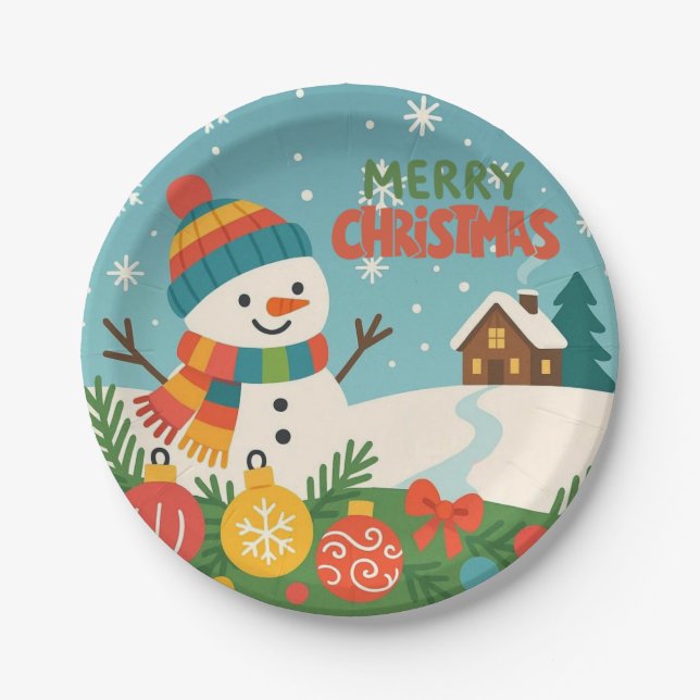 Cute, classic Merry Christmas snowman Paper Plates (Front)