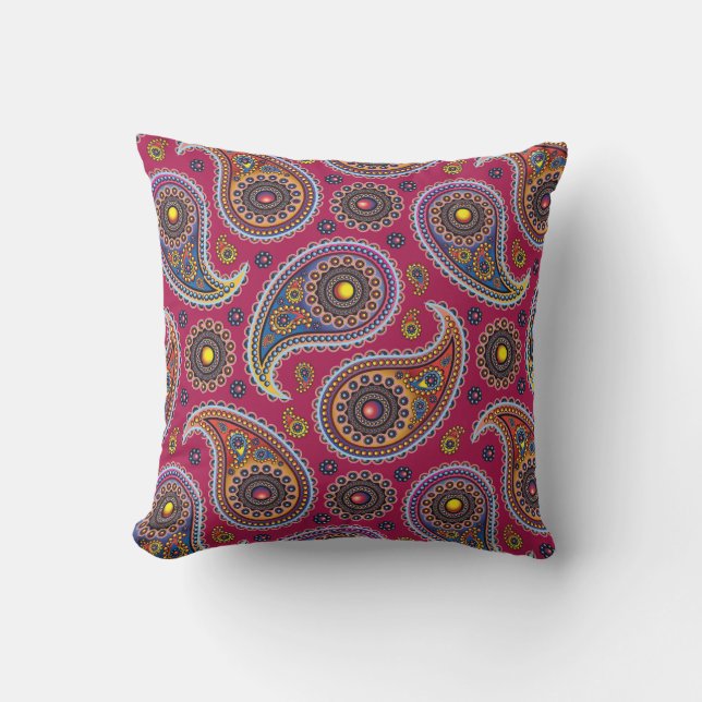 Cute Classic Paisley Red Navy Blue Yellow  Outdoor Pillow (Front)