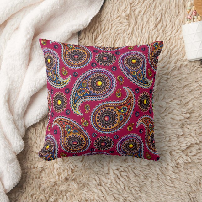 Cute Classic Paisley Red Navy Blue Yellow Throw Pillow (Blanket)