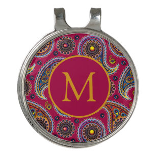 Cute Classic Paisley Red Yellow Monogram  Golf Hat Clip