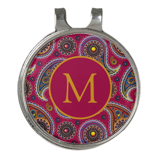 Cute Classic Paisley Red Yellow Monogram  Golf Hat Clip (Front)