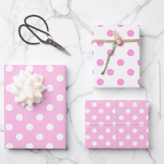 Cute Classic Pink and White Polka Dot Wrapping Paper Sheets (Front)