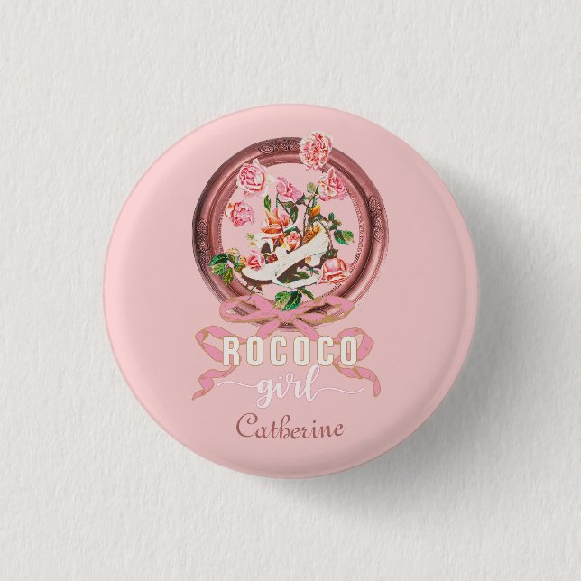 Cute Classic Pink Rococo Girl Roses Bow Shoe Name Button (Front)
