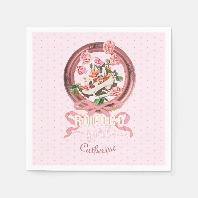 Cute Classic Pink Rococo Girl Roses Bow Shoe Name Napkins (Front)