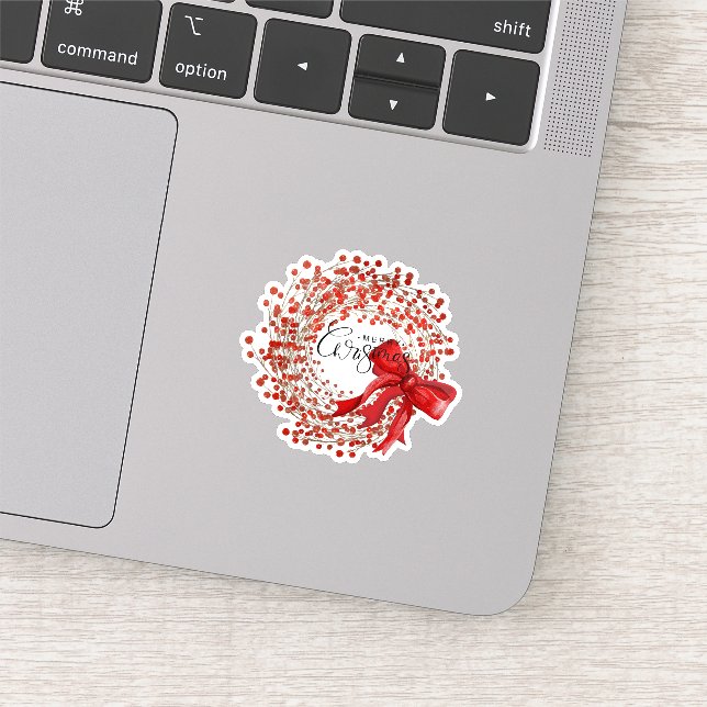 Cute Classic Red Berry Wreath Merry Christmas  Sticker (Detail)