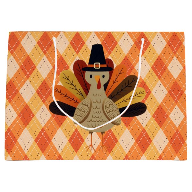 Cute, classic/vintage Thanksgiving Turkey Large Gift Bag (Front)