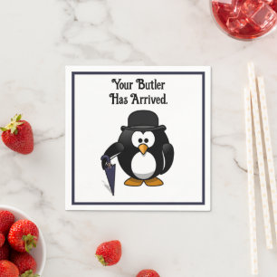 Cute Classy Butler Penguin Cartoon with Umbrella Napkins