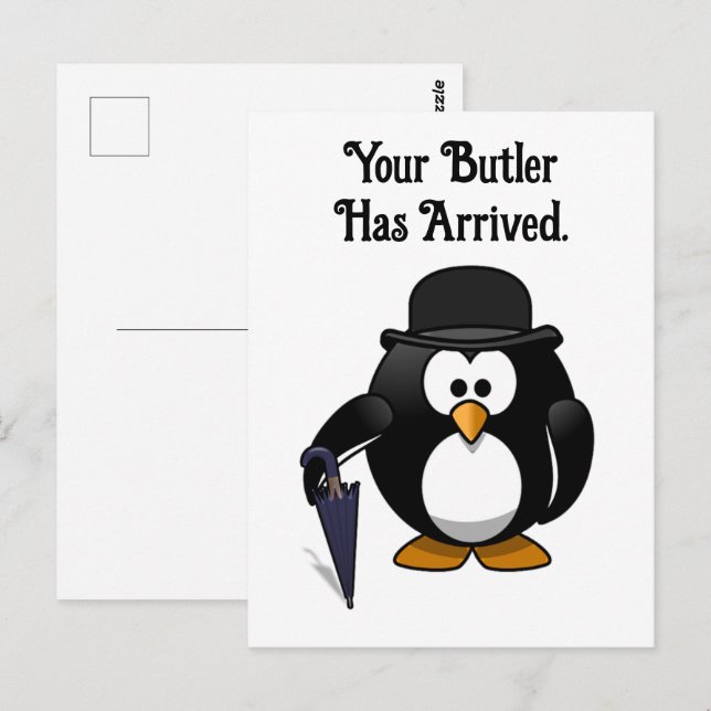 Cute Classy Butler Penguin Cartoon with Umbrella Postcard (Front/Back)