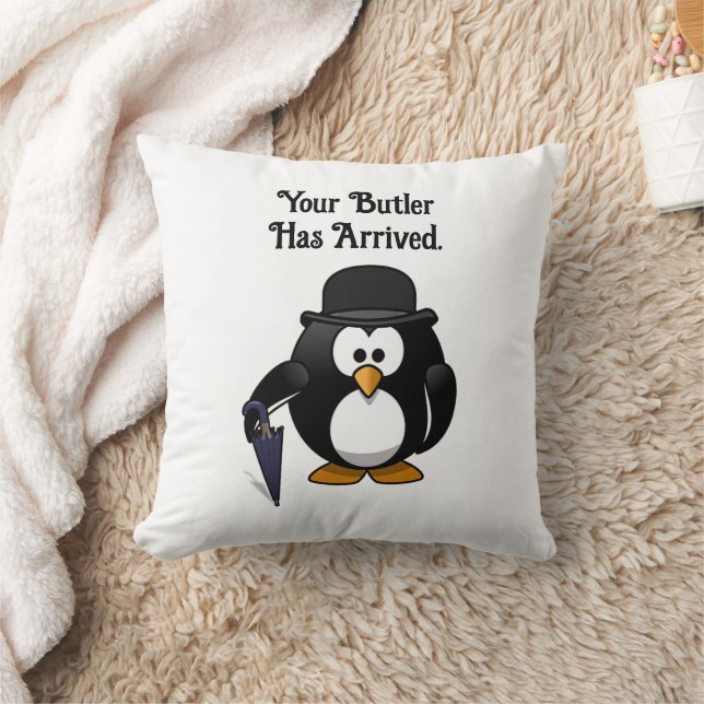 Cute Classy Butler Penguin Cartoon with Umbrella Throw Pillow (Blanket)