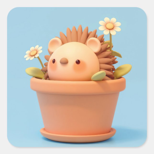 Cute Clay Porcupine in Orange Pot Square Sticker (Front)