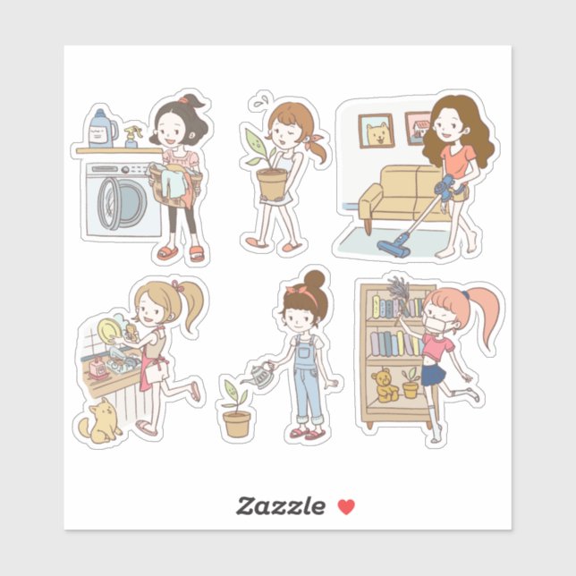 Cute Cleaning Chore Girls Character Sticker (Sheet)