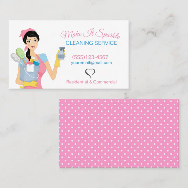 Cute Cleaning Maid Pink Polka Dot Business Card 