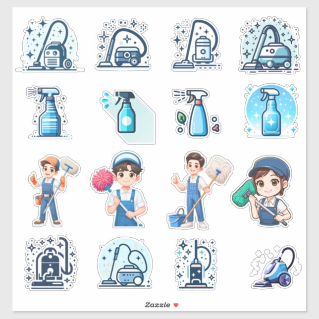 Cute Cleaning Service Icons & Characters – Vector  Sticker (Sheet)
