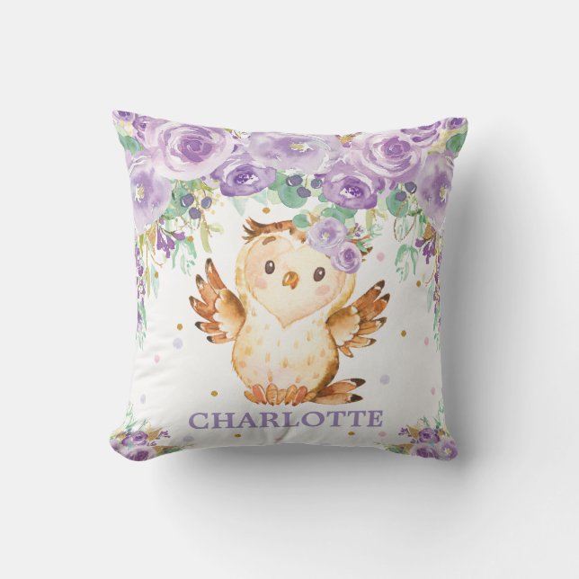 Cute Clever Owl Purple Floral Girl Nursery Throw Pillow (Front)