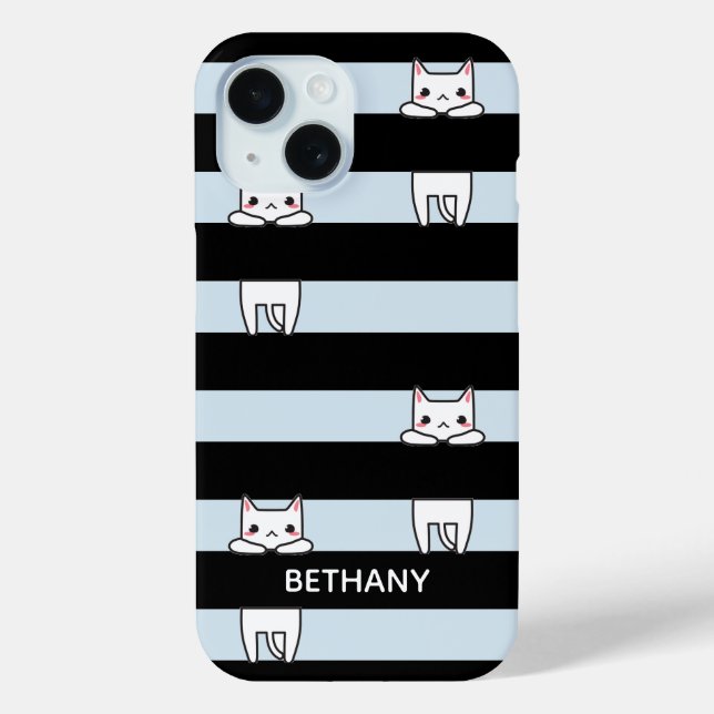 Cute Climbing Cats on Black and Blue Stripes Case-Mate iPhone Case (Back)