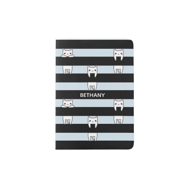 Cute Climbing Cats on Black and Blue Stripes Passport Holder (Front)