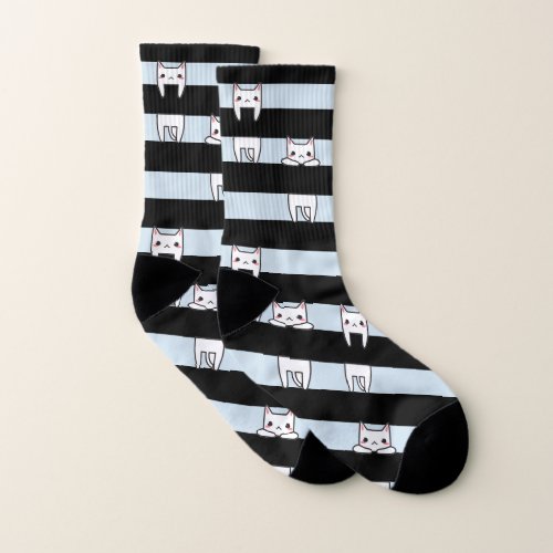 Cute Climbing Cats on Black and Blue Stripes Socks